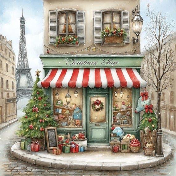 15 Paris Christmas Shop Clip Art — watercolor clipart transparent PNG instant download