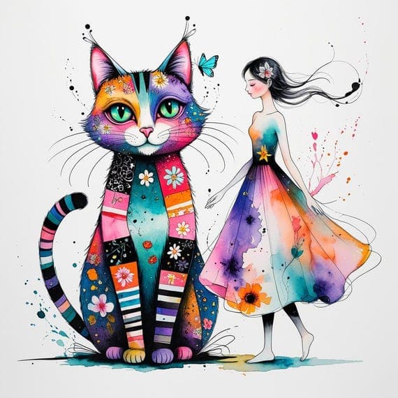Watercolor Floral Cat & Girl Clipart β view 5 β watercolor clipart transparent PNG instant download