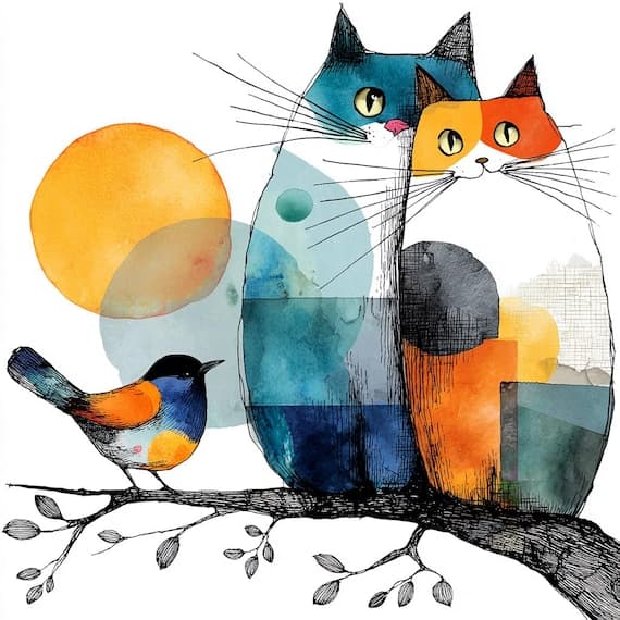 15 Abstract Cat Bird Clipart, Watercolor Spring Animals Printable, Dig β view 5 β watercolor clipart transparent PNG instant download