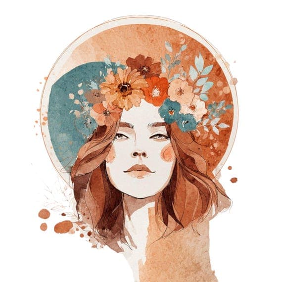 Terracotta Floral Goddess Clipart – Boho Celestial Woman Faces (PNG JP — view 6 — watercolor clipart transparent PNG instant download