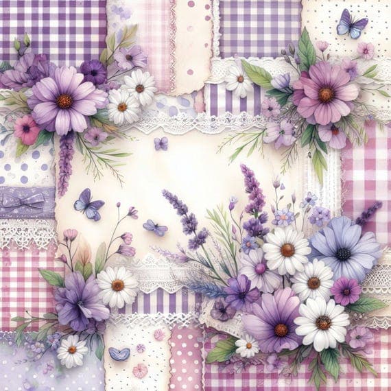 30 Purple Floral Pattern Clipart (JPG) β view 3 β watercolor clipart transparent PNG instant download