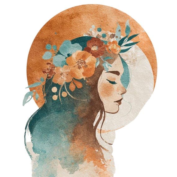 Terracotta Floral Goddess Clipart – Boho Celestial Woman Faces (PNG JP — view 3 — watercolor clipart transparent PNG instant download
