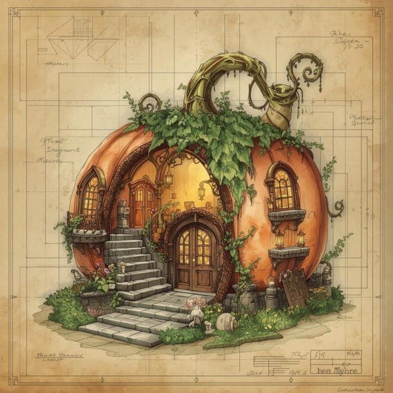 Retro Pumpkin House Blueprint Art , Printable Halloween Wall Decor , F β view 4 β watercolor clipart transparent PNG instant download