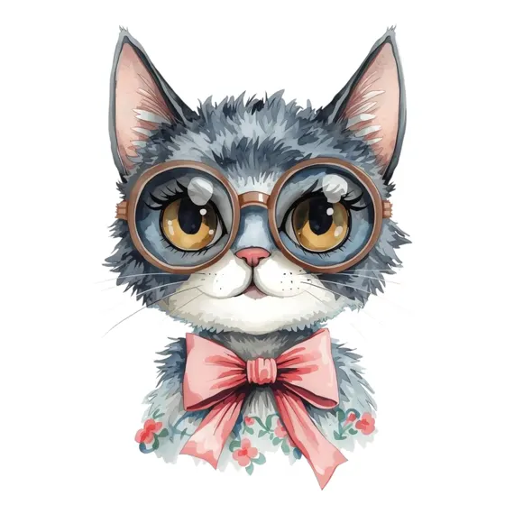 22 Watercolor Cat with Glasses Clipart β view 2 β watercolor clipart transparent PNG instant download
