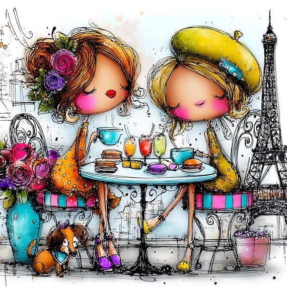 Paris Cafe Friends Watercolor Print, Eiffel Tower Art (Digital Downloa β view 4 β watercolor clipart transparent PNG instant download