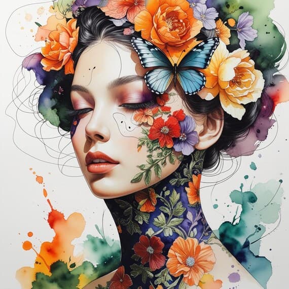 Watercolor Butterfly Woman Clipart – Floral Portrait Illustrations — view 2 — watercolor clipart transparent PNG instant download
