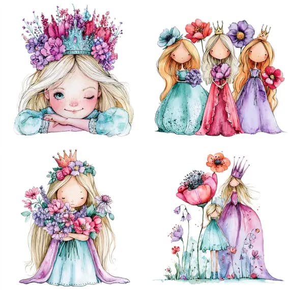 16 Whimsical Princess Clipart PNG β watercolor clipart transparent PNG instant download