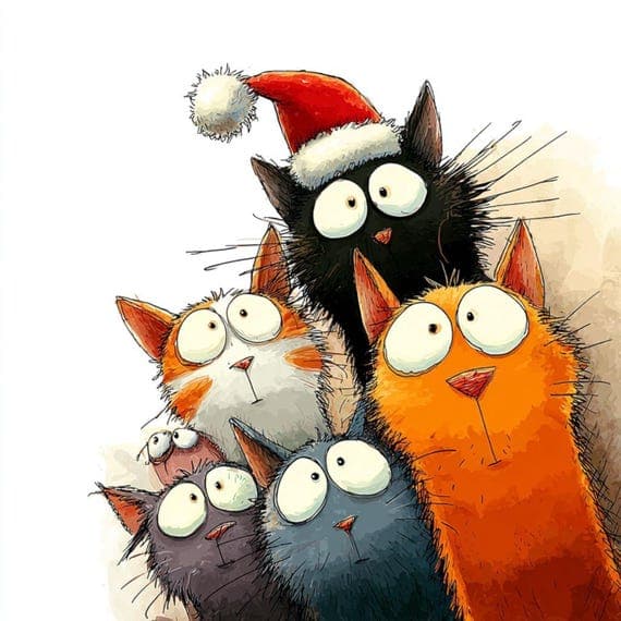20 Funny Christmas Cat Clipart – Quirky Holiday Cats with Santa Hats f — watercolor clipart transparent PNG instant download