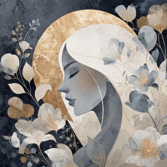 Celestial Woman Clipart – Blue & Gold Floral Faces (JPG) — view 3 — watercolor clipart transparent PNG instant download