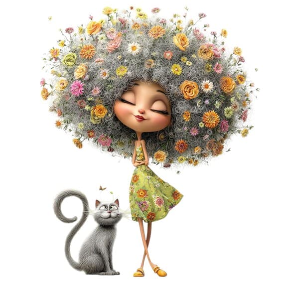 Whimsical Girl and Cat Clipart – Floral Hair Art (JPG) — view 2 — watercolor clipart transparent PNG instant download