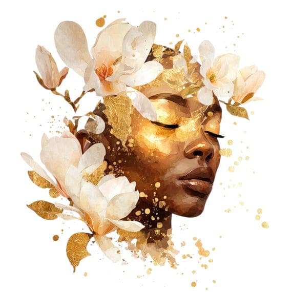 15 Golden Magnolia Woman Faces Clipart (PNG JPG) – Celestial Floral Go — view 2 — watercolor clipart transparent PNG instant download