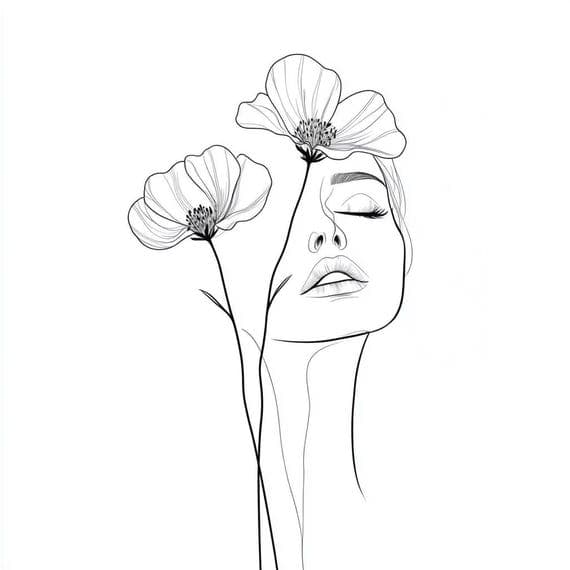 Floral Female Face Line Art Clipart, Watercolor PNG (Digital Download) — watercolor clipart transparent PNG instant download