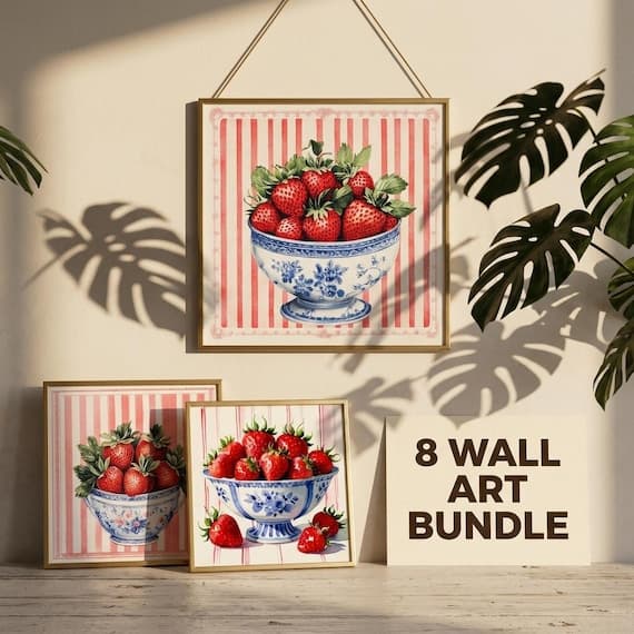 8 Strawberry Chinoiserie Print β watercolor clipart transparent PNG instant download