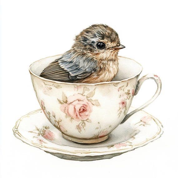 Bird in Teacup Watercolor Clipart, Whimsical Nursery Art (PNG Digital β view 4 β watercolor clipart transparent PNG instant download