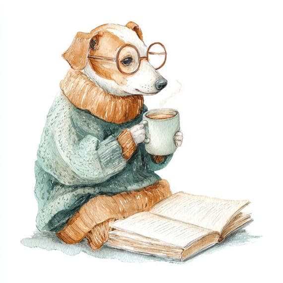 Cozy Animal Watercolor Clipart – Coffee, Reading (Digital Download) — view 2 — watercolor clipart transparent PNG instant download