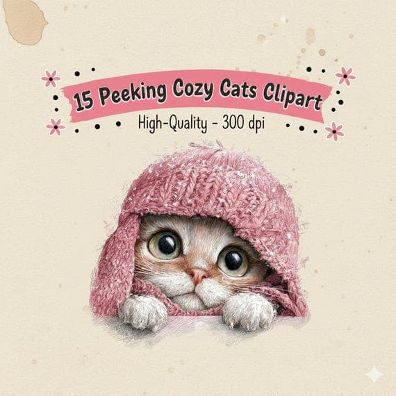 15 Peeking Cozy Cats Clipart (JPG) — watercolor clipart transparent PNG instant download