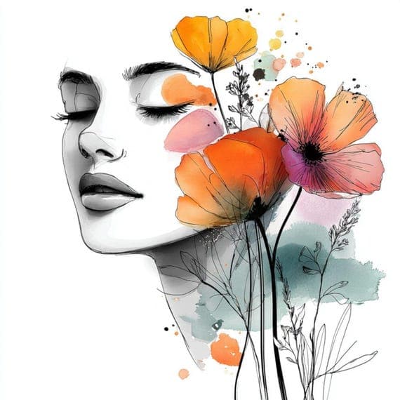 20 Floral Woman Faces Clipart (JPG) – Watercolor Line Art Portraits fo — view 6 — watercolor clipart transparent PNG instant download
