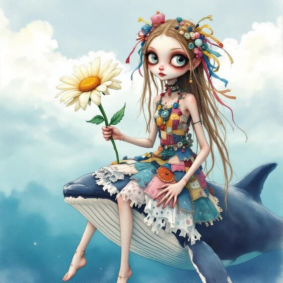 Girl on Whale Clipart Set – Whimsical Fantasy Art (20 JPG) — view 4 — watercolor clipart transparent PNG instant download