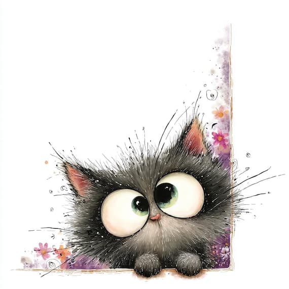 25 Peeking Cat Clipart (JPG) – Whimsical Floral Kitten Art — watercolor clipart transparent PNG instant download
