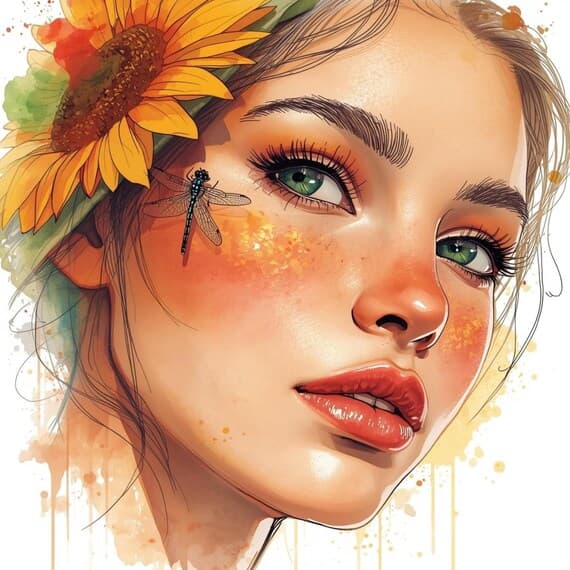 15 Sunflower Woman Portrait Watercolor Art β Boho Botanical Female Ill β watercolor clipart transparent PNG instant download