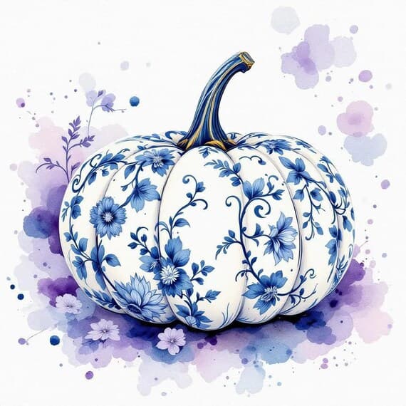 Blue Chinoiserie Pumpkin Clipart β view 7 β watercolor clipart transparent PNG instant download