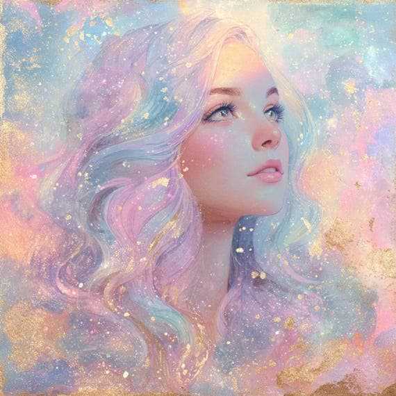 15 Silver Dream Oracle Woman Faces Clipart (JPG) – Celestial Pastel Go — view 6 — watercolor clipart transparent PNG instant download