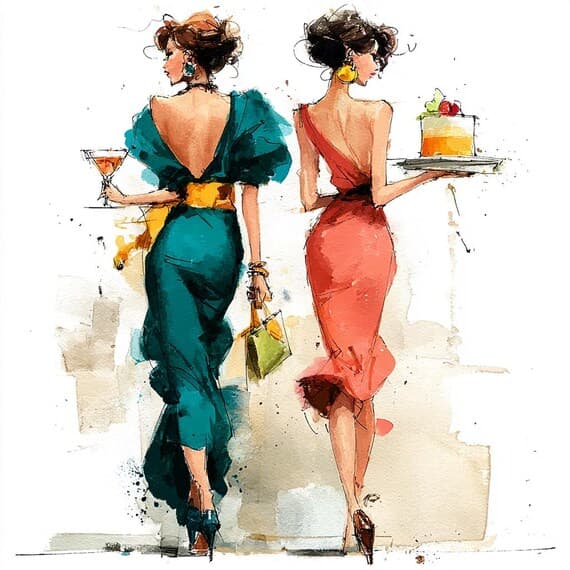 15 Fashion Illustration Digital Print, Chic Women in Gowns, Watercolor — view 3 — watercolor clipart transparent PNG instant download