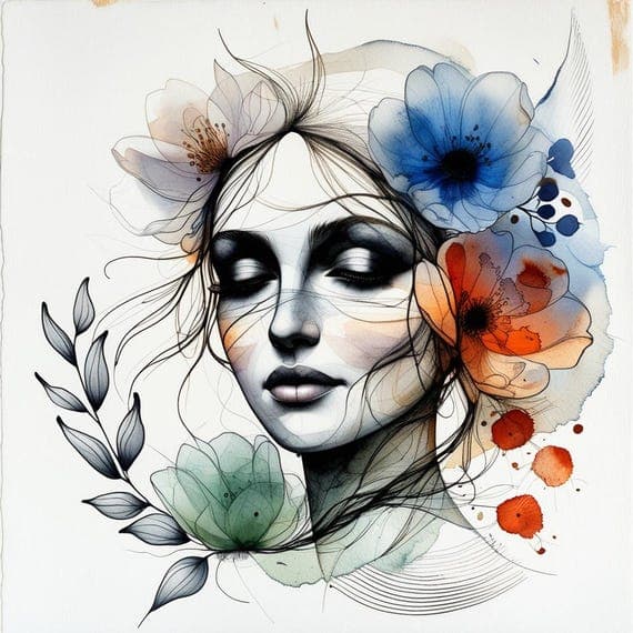 15 Whimsical Floral Woman Face Clipart β view 5 β watercolor clipart transparent PNG instant download
