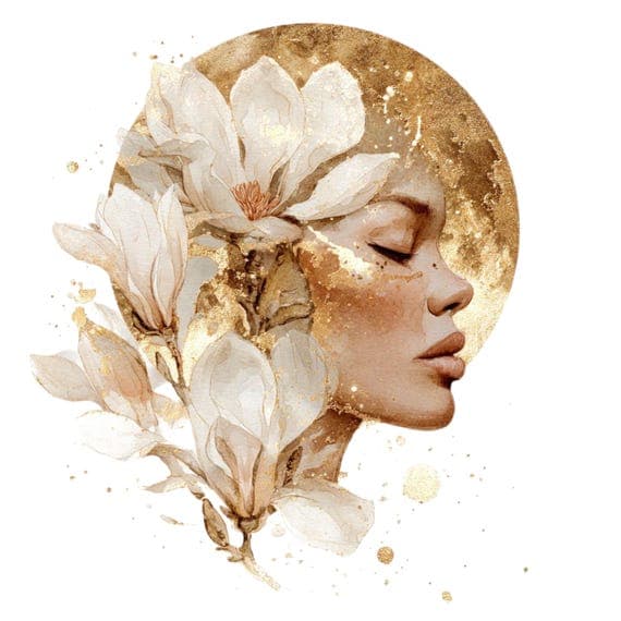15 Golden Magnolia Woman Faces Clipart (PNG JPG) – Celestial Floral Go — view 7 — watercolor clipart transparent PNG instant download