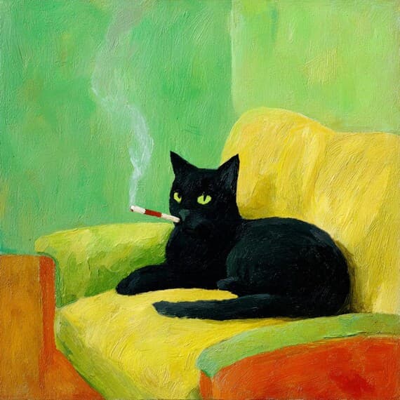 Funny Black Cat Smoking Oil Painting Clipart, Quirky Pet Art (Digital β view 6 β watercolor clipart transparent PNG instant download