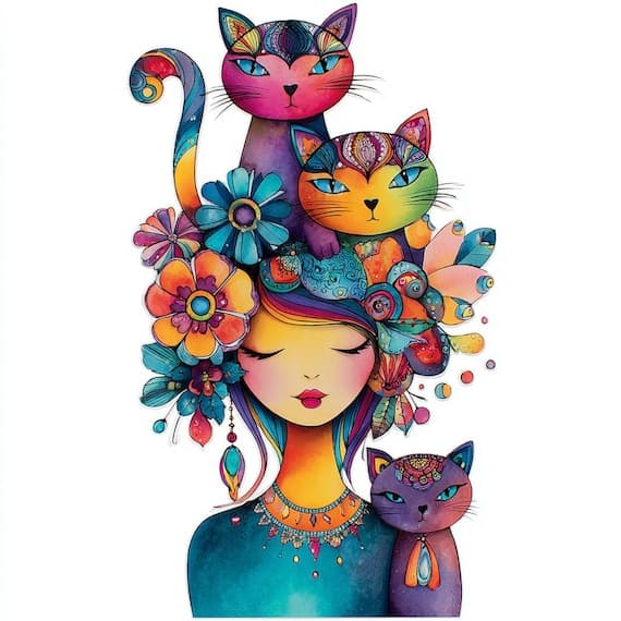 12 Boho Woman and Cat Clipart β watercolor clipart transparent PNG instant download