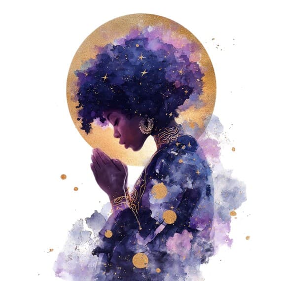 15 Praying Afro Woman Clipart (PNG JPG) – Celestial Purple Spiritual A — view 5 — watercolor clipart transparent PNG instant download