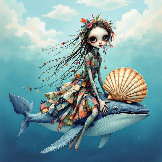 Girl on Whale Clipart Set – Whimsical Fantasy Art (20 JPG) — watercolor clipart transparent PNG instant download