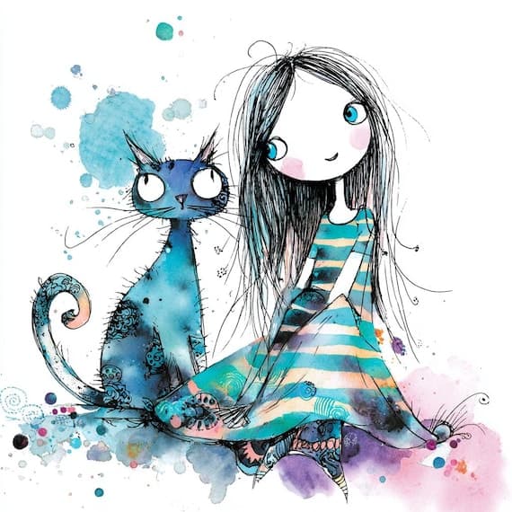 Girl and Cat Watercolor Clipart β view 2 β watercolor clipart transparent PNG instant download