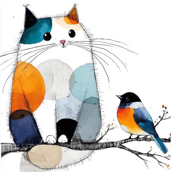 15 Abstract Cat Bird Clipart, Watercolor Spring Animals Printable, Dig β view 4 β watercolor clipart transparent PNG instant download
