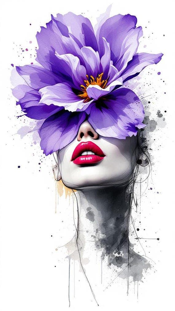 Floral Woman Face Watercolor Clipart – Violet PNG Images (Digital Down — watercolor clipart transparent PNG instant download