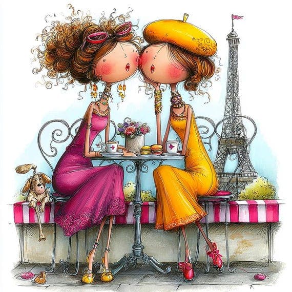 Paris Cafe Friends Watercolor Print, Eiffel Tower Art (Digital Downloa β view 2 β watercolor clipart transparent PNG instant download