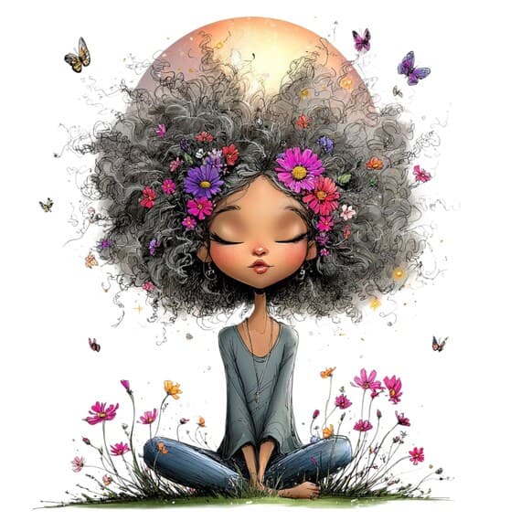 15 Afro Floral Meditation Girl Clipart (PNG JPG) – Peaceful Spiritual — view 3 — watercolor clipart transparent PNG instant download