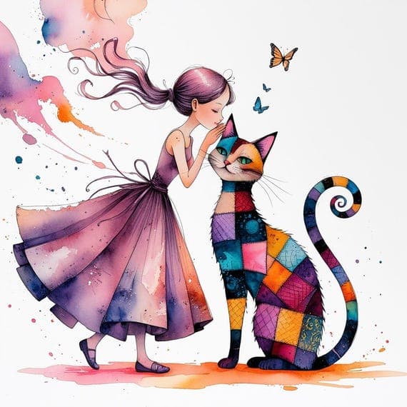 Watercolor Girl and Patchwork Cat Clipart β watercolor clipart transparent PNG instant download