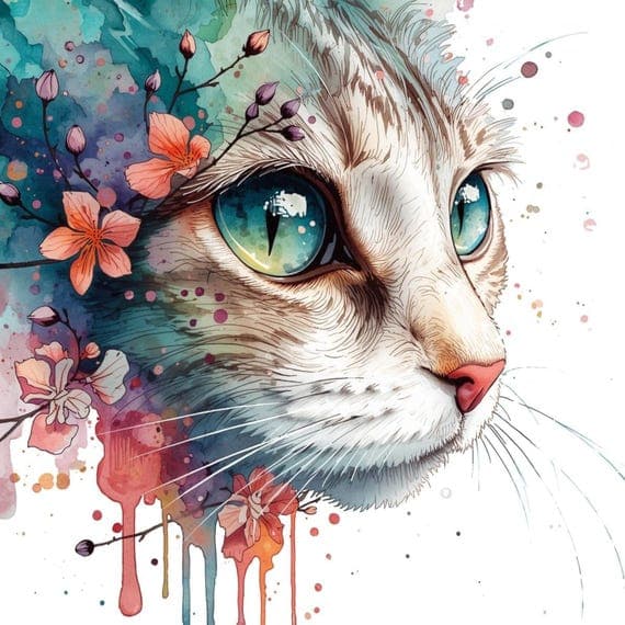 30 Abstract Floral Cat Bundle — watercolor clipart transparent PNG instant download