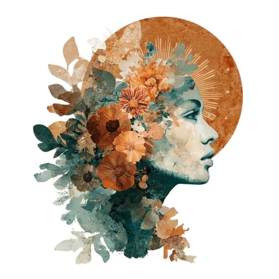 Terracotta Floral Goddess Clipart – Boho Celestial Woman Faces (PNG JP — view 5 — watercolor clipart transparent PNG instant download