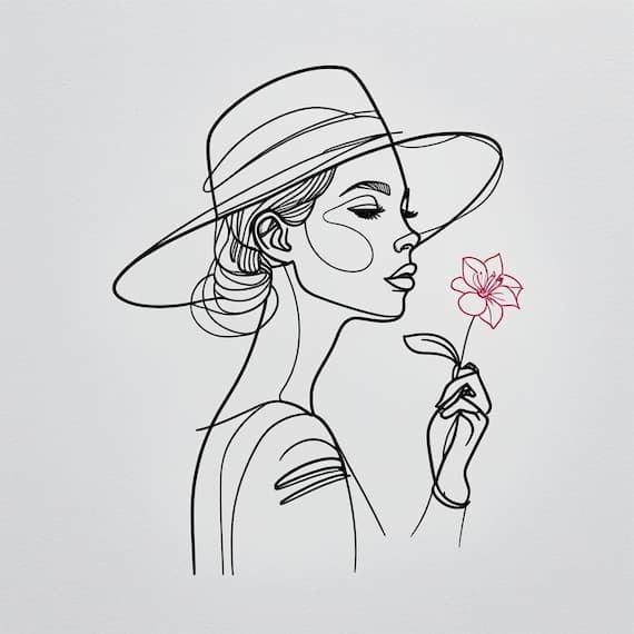Elegant Woman Line Art Clipart – Fashion Sketch with Flower (PNG JPG D — view 6 — watercolor clipart transparent PNG instant download