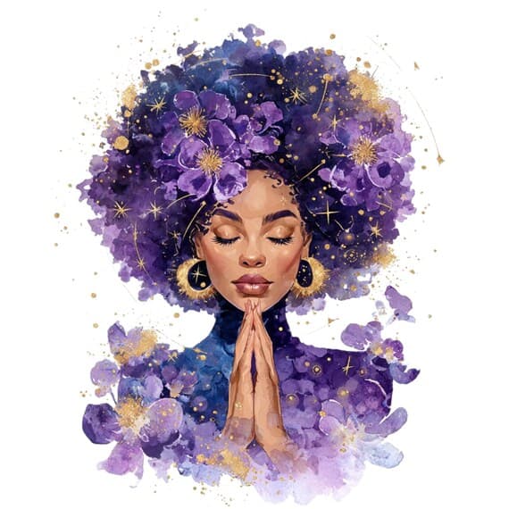 15 Praying Afro Woman Clipart (PNG JPG) – Celestial Purple Spiritual A — view 6 — watercolor clipart transparent PNG instant download
