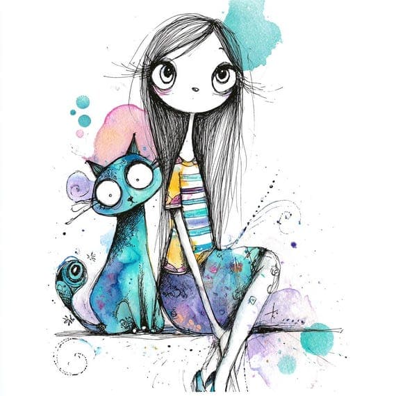 Girl and Cat Watercolor Clipart β view 5 β watercolor clipart transparent PNG instant download