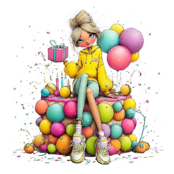 15 Quirky Birthday Girl Clipart Bundle – Fun Cake & Balloon Illustrati — view 7 — watercolor clipart transparent PNG instant download