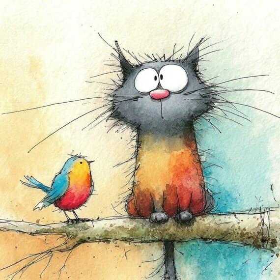 15 Abstract Cat Bird Clipart, Watercolor Spring Animals Printable, Dig β view 3 β watercolor clipart transparent PNG instant download