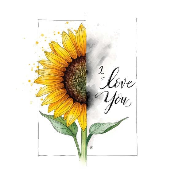 Watercolor Sunflower I Love You Card — view 2 — watercolor clipart transparent PNG instant download