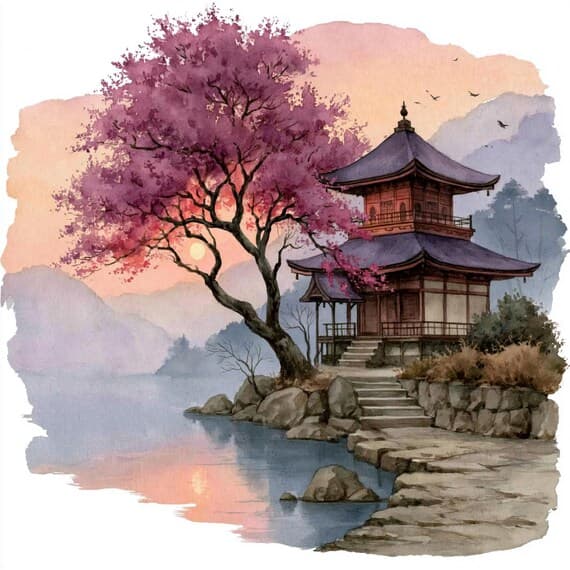 15 Japanese Fantasy Landscape Printable Watercolor Art Digital Downloa — watercolor clipart transparent PNG instant download
