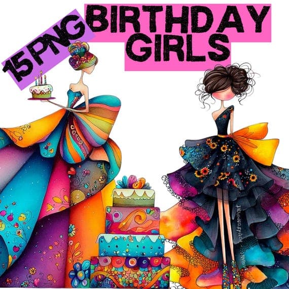 15 Watercolor Birthday Girl Clipart — watercolor clipart transparent PNG instant download