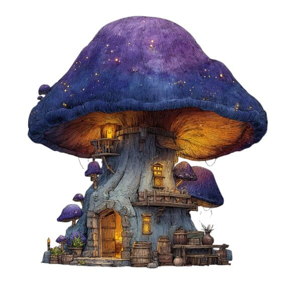 15 Whimsical Mushroom House Clipart (PNG) β view 3 β watercolor clipart transparent PNG instant download